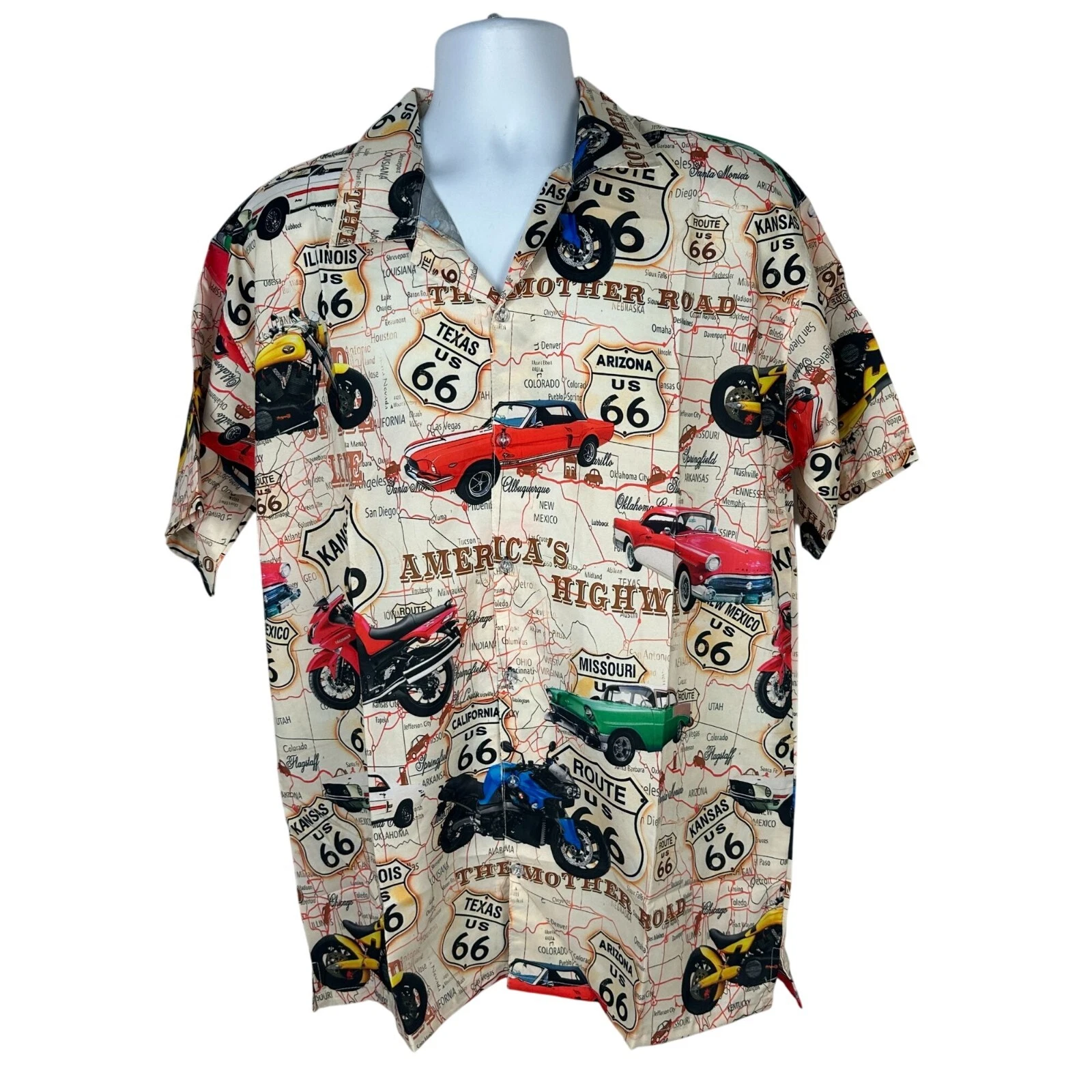 Hawaiian Apparel Route 66 Themed Button-Up Shirt Large Beige 100% Polyester