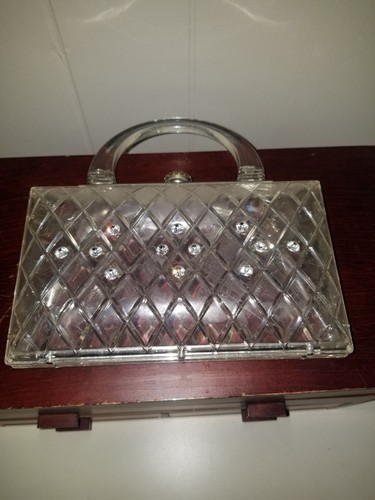 1940s Clear Lucite Rhinestones Handled Clutch Book Piece 8 X 5 X 2 - Picture 6 of 12