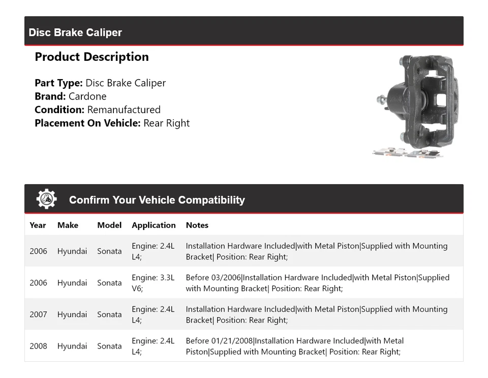 Pinza de freno de disco trasera derecha Cardone 2007 para Hyundai Sonata 2006-2008 Foto 2 de 4