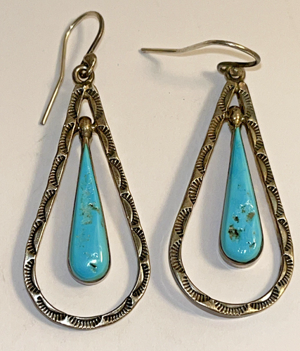 Edith Peina Zuni Sterling Turquoise Teardrop Pearced Hook Earrings 2”L x 3/4”W