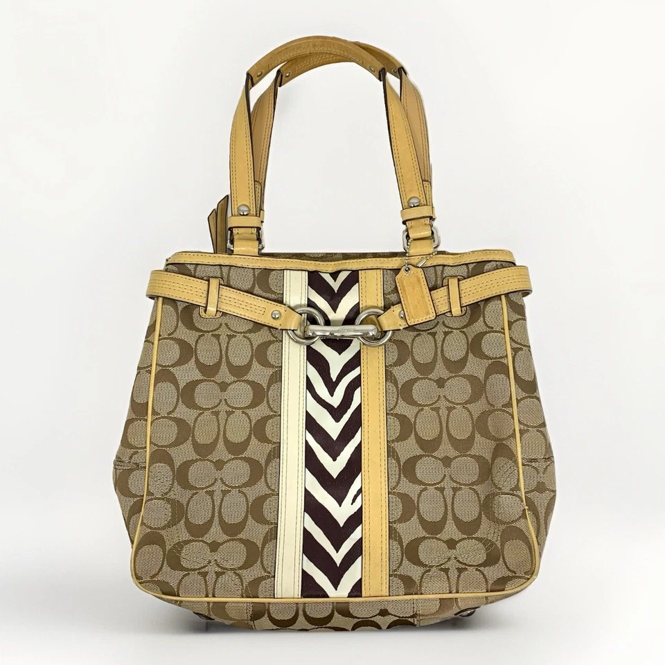 COACH Beige / Zebra Signature Stripe Jacquard Leather Satchel F13993 Hangtag