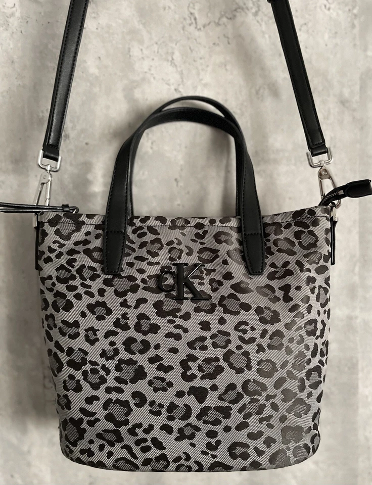 CALVIN KLEIN Lina Convertible Tote Crossbody Gray/Blk Leopard Canvas Leather Bag - Image 2 of 4