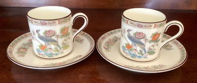 Wedgwood Kutani Crane brauner Rand Espresso Kaffee Dose/Tasse & Untertasse x 2