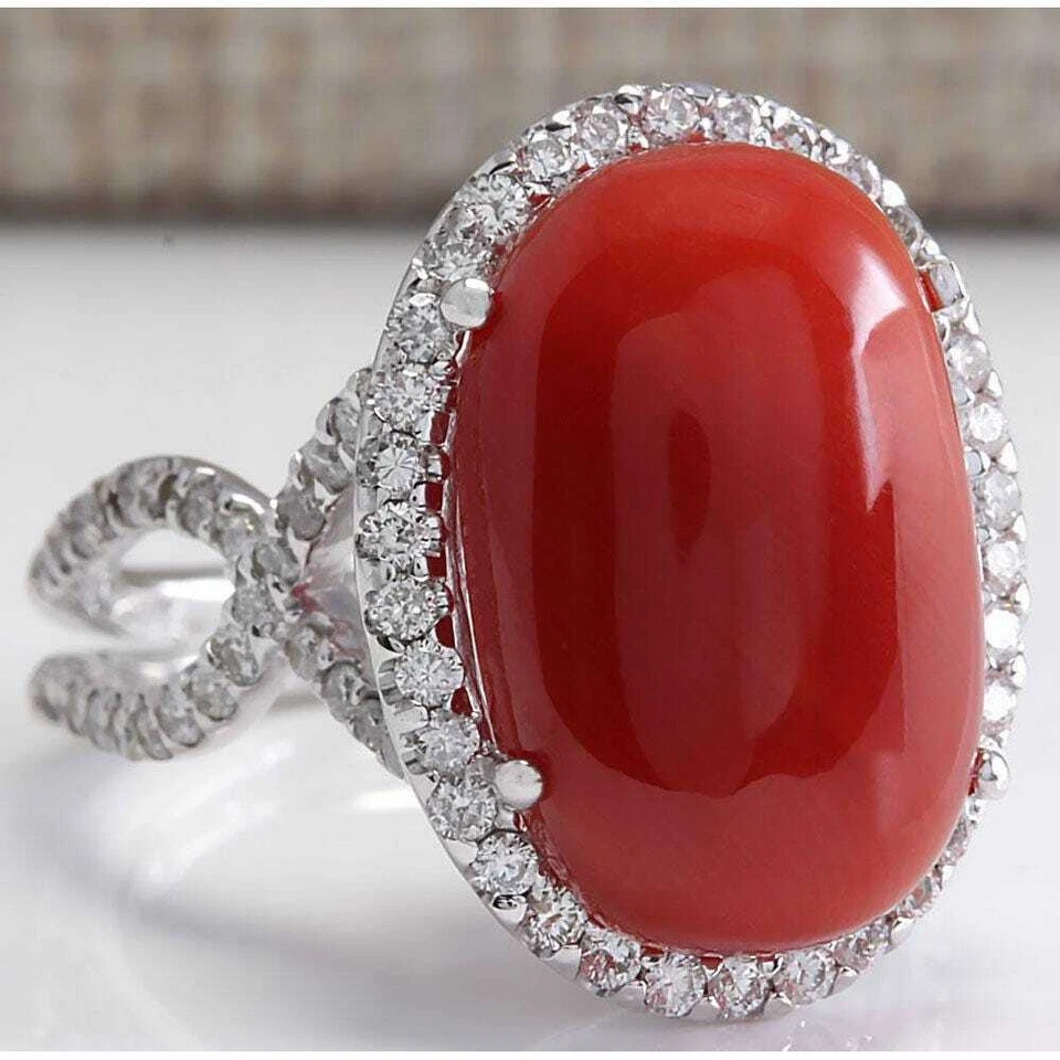 Anillo de circonita cúbica corte redondo coral y blanco cabujón naranja rojo de 11,49 quilates en plata pura 925 Foto 2 de 4