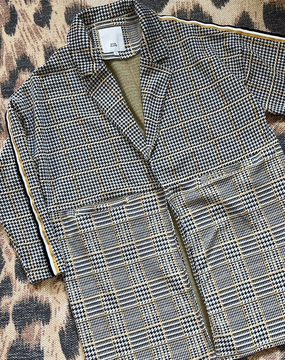 River Island Houndstooth Dogtooth Check Boucle Duster Blazer Long