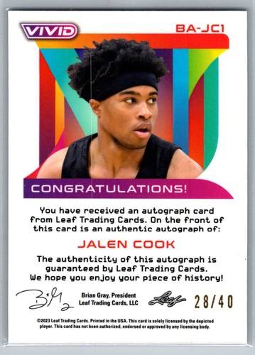 2023 Leaf Vivid #BA-JC1 Jalen Cook Grigio Rookie RC Auto /40 - Foto 2 di 2