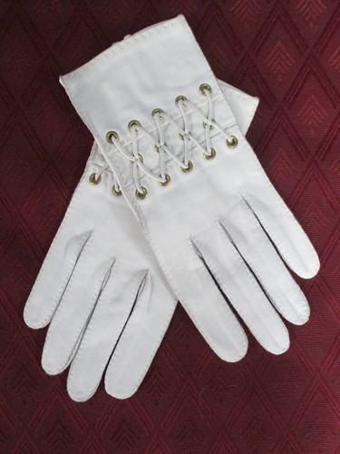 Hermes Vintage weiße Lederschnürhandschuhe Handgelenk Detail Größe 7 - Bild 2 von 7