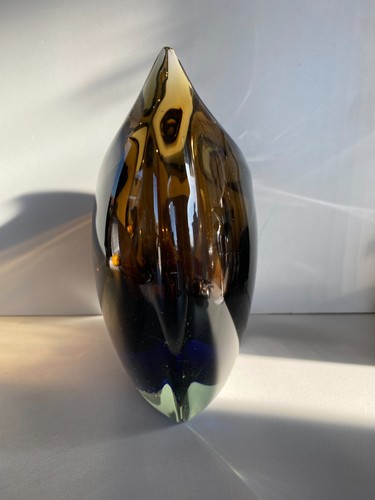 GRANDE VASO VETRO Murano Cenedese CRISTALLO SOMMERSO TRANSPARENT BLUE BROWN 1960 - Imagen 5 de 18