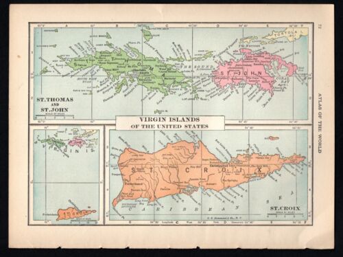1923 Map U.S. Virgin Islands:St.Thomas,St.John, St.Croix on rev. The West Indies - Zdjęcie 1 z 9