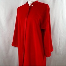 1970s-80s Vintage Vanity Fair Red Zip Velour Robe House Coat Satiny Trim Pockets