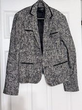 Talbots Women’s Size 10 Tweed B/W Short Blazer Jacket W/Black Piping And Buttons