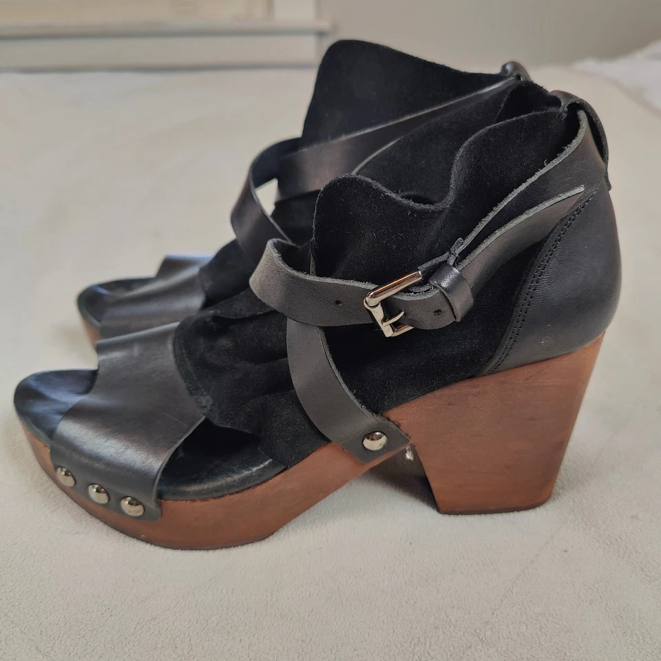 Free People Rendering Clogs Womens 40 US 10 Black Leather Strappy Boho Suede - Image 3 of 4