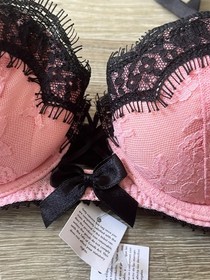 Ann Summers Lamora Pink Corset Bra & Suspender Brief - 36A 16 - Retro Vintage
