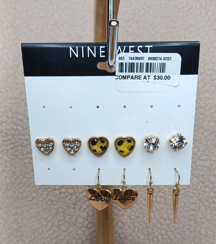 Set Of 5 Nine West Fashion Earrings Gold Tone Hearts Studs & Dangle - Picture 2 of 15