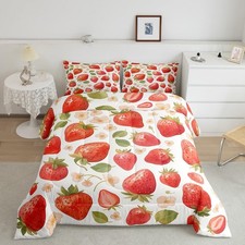 Girls Strawberry Comforter Set Twin Size Kawaii Strawberry Floral Bedding Set...