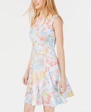 CALVIN KLEIN White Pastel Floral Print Scuba Stretch Fit & Flare Dress 10P