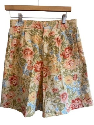 VTG 90s Lizsport Linen Cotton Shorts 10 Wide Leg Botanical Floral Bermuda Pastel