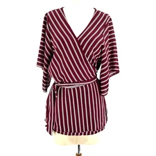 Lilian Peplum True Wrap Blouse Women's 2X Burgundy Stripe Flare Sleeve Office