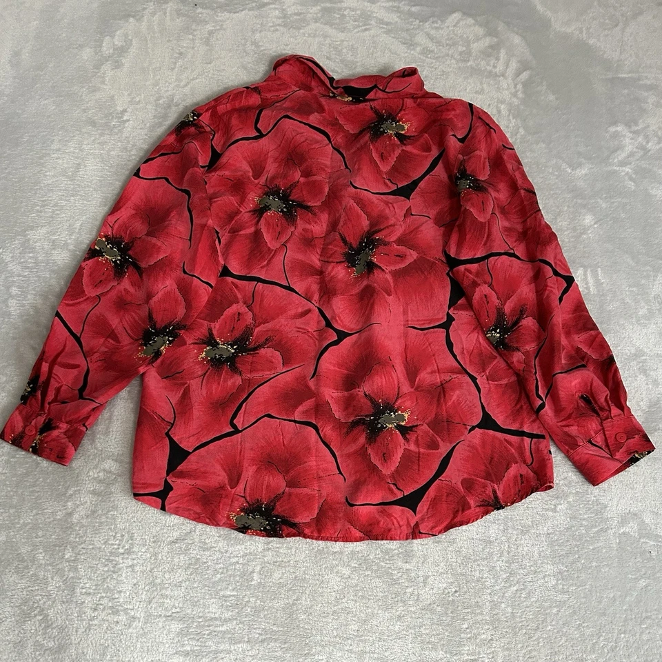 Blusa De Colección Spiegel Para Mujer XL Roja Amaryllis Seda Cepillada Abotonada Evento Vacacional Foto 2 de 4