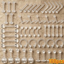 100 Pcs Clear Piercing Nose Tongue Nipple Belly Rings Eyebrow Lip Nose Studs Set