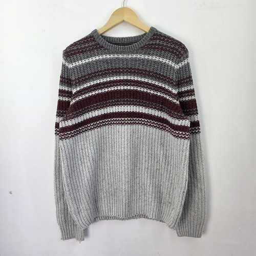 Marks & Spencer Jumper Mens Medium Grey Striped Chunky Cable Knit Sweater M&S