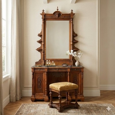 Antiker Umbertinischer Schminktisch Walnuss Marmor XIX Jhd Originell