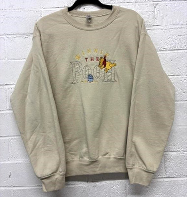Disney Store Winnie The Pooh Embroidered  Crewneck Sweatshirt Fleece Khaki Med