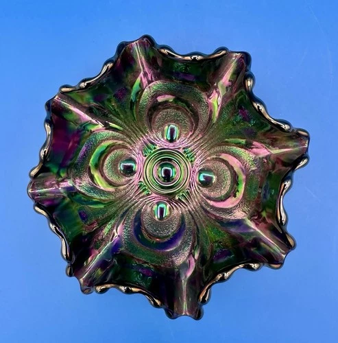 Antique Imperial Electric Purple Scroll Embossed Carnival Glass Bowl - 5 3/4"