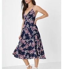 Lulus Navy Blue Floral Print Midi Dress Lace Up Back Strappy Wedding Guest Small