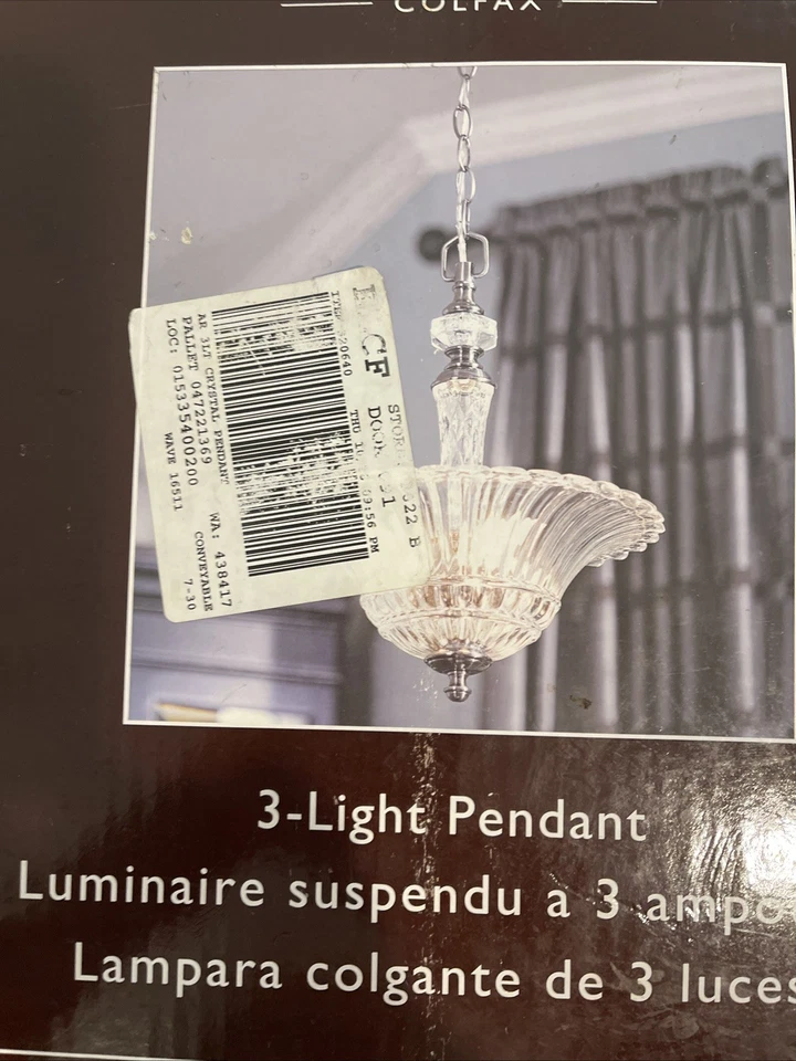 Allen Roth COLFAX 3-Light Pendant Polished Pewter Crytal Glass Shade Lighting - Image 2 of 4