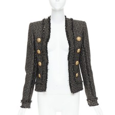 BALMAIN black gold tweed gold lion head buttons power jacket FR34 XS