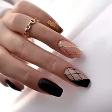 Black Medium Length Square Press on Nails Artificial Acrylic Black Gold Line