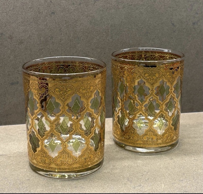 6 Culver Valencia Gold Gilded Filigree Lowball Rock Glasses 22K MCM Barware 