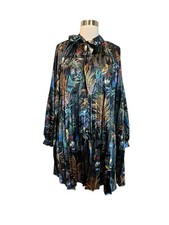 Beulah Satin Dress One Size Tropical Print Accordion Pleated