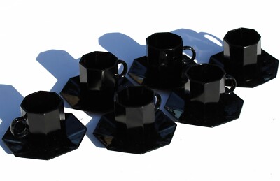 Lot de 6 tasses à café et soucoupes en verre fumé, Arcoroc