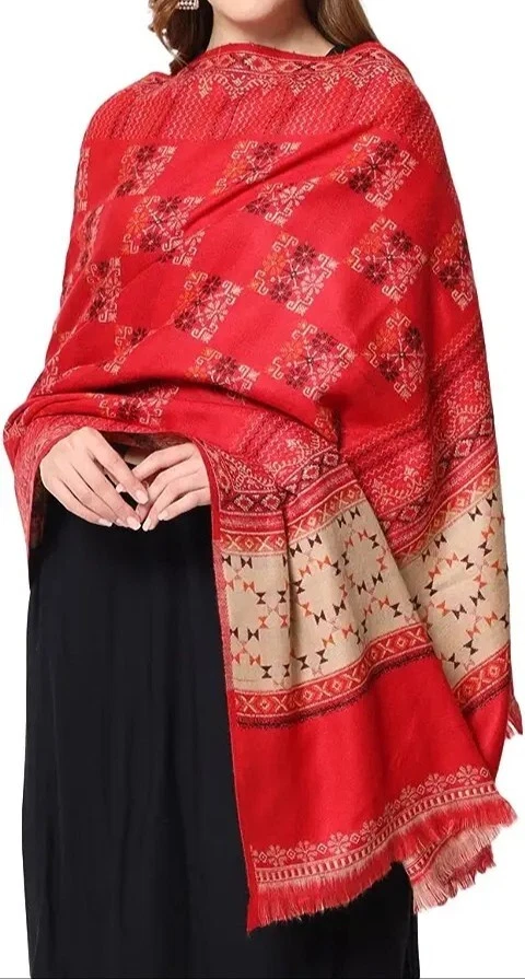 Womens Mens Cashmere Indian Oversized Blanket Wool Scarf Shawl Wrap colour_Red