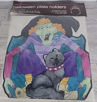  1980's Halloween Party Decor Table Ware 8 Orange Plates + Holders Witch/Cat 