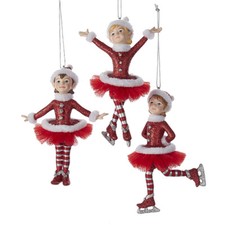 KURT ADLER SET OF 3 RED  SILVER GLITTERED BALLERINA/SKATER CHRISTMAS ORNAMENTS