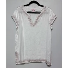 St. Tropez Embroidered Linen Tunic Size Medium Coastal Chic Old Money Metallic