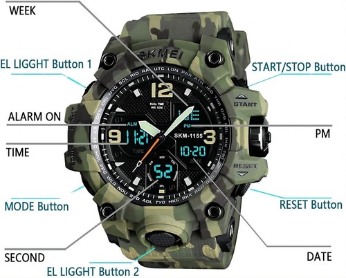 Men's Analog Military Sports Watch Waterproof Dual Timezone LED Backlight - Picture 6 of 11