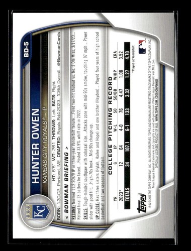 2023 Bowman Draft Paper Hunter Owen Kansas City Royals 1st #BD-5 5 Card Lot - 第 2/2 張圖片