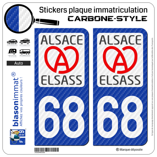 2 Stickers autocollants plaque d'immatriculation 68 Alsace - LT II Carbone-Style - Picture 2 of 9