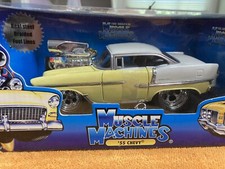MUSCLE MACHINES 1/24 1955 CHEVY BEL AIR BELAIR YELLOW AND WHITE BLOWER NICE CAR