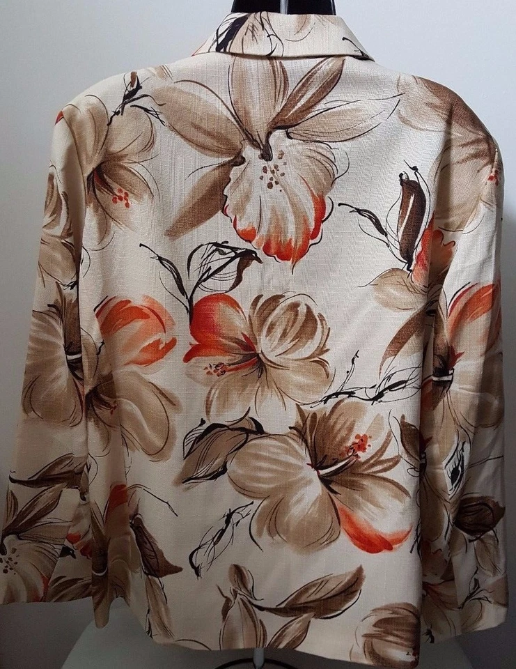Alfred Dunner Womens Blazer Jacket Coat Size 18 Brown Orange Ivory Floral - Image 3 of 4