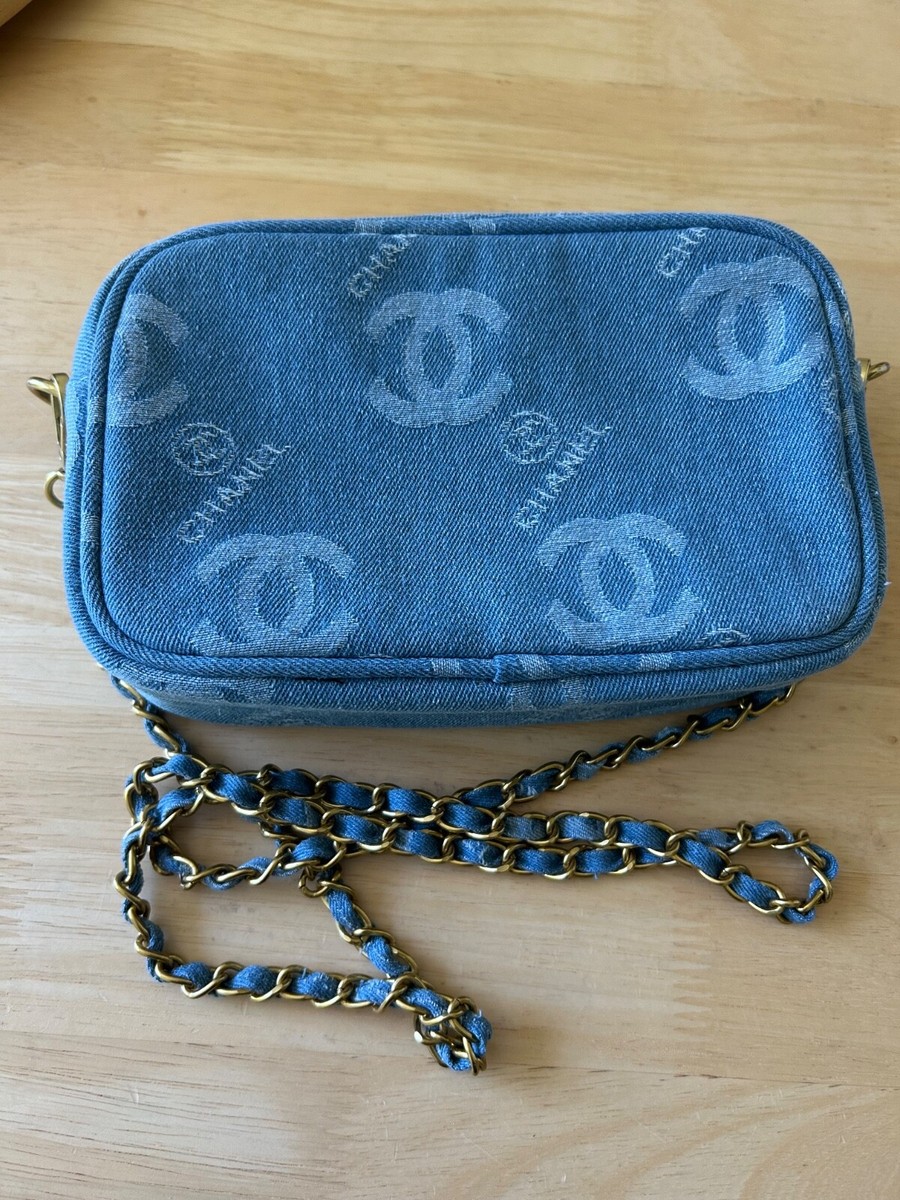 CHANEL Blue Denim Makeup Bag with Chain Crossbody Bag Limited VIP