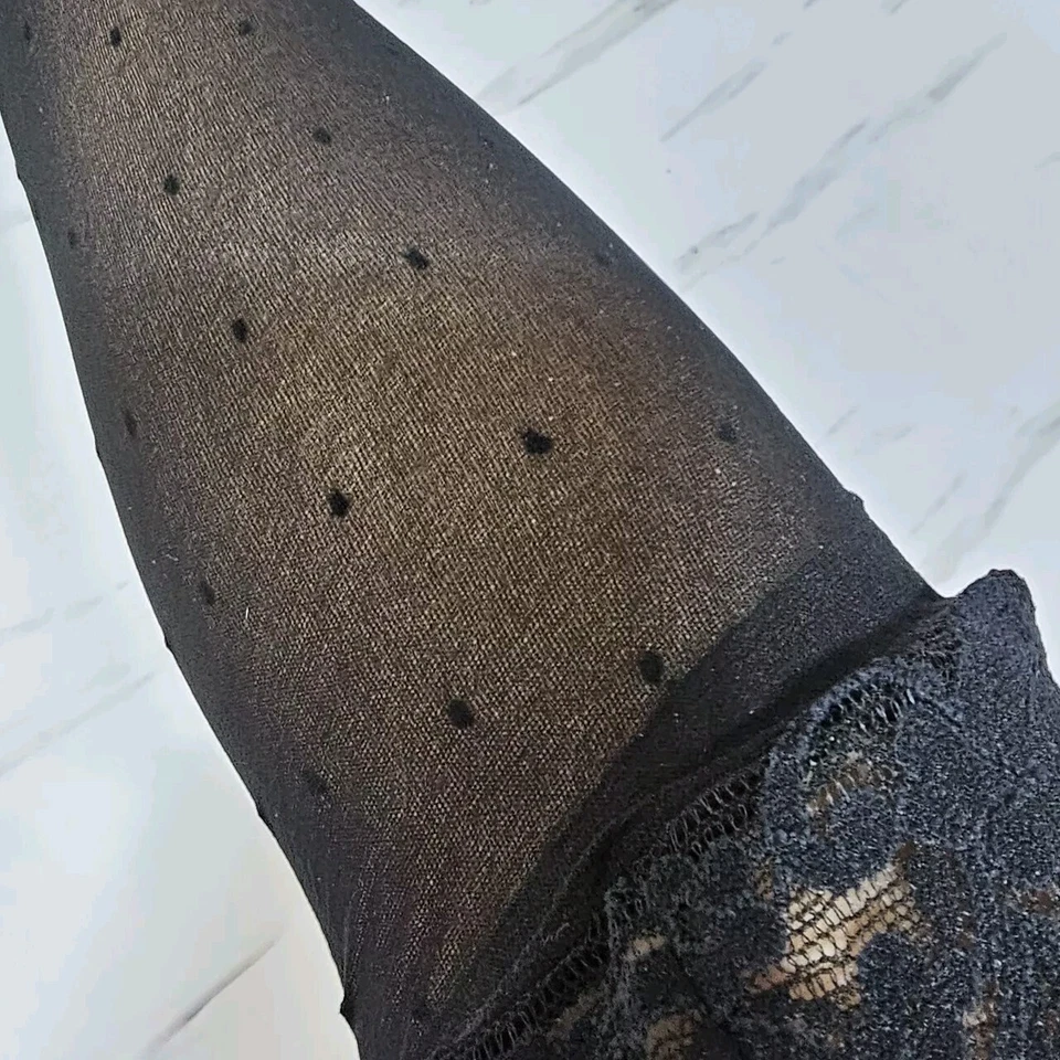 VTG Fredericks of Hollywood M Black All Over Dots Thigh High Lace Top Stockings - Image 2 of 4