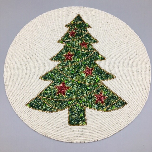 Beaded Christmas Tree Placemat Centerpiece Holiday Star Green Red Gold
