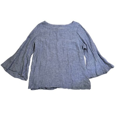 Cynthia Rowley 100% Linen Top Womens 1X Blue Chambray Bell Sleeve Boho Lagenlook