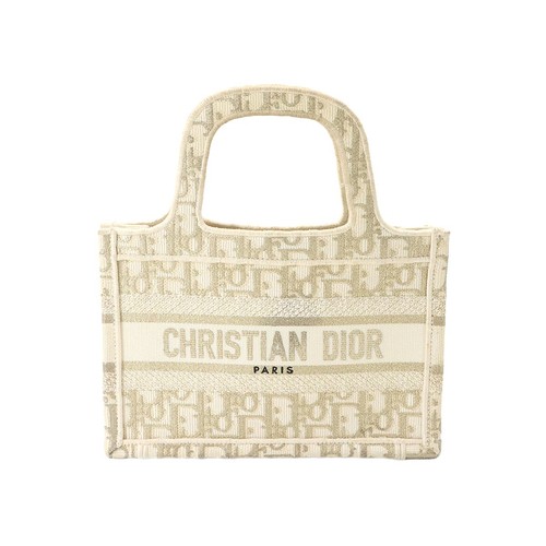 Christian Dior Oblique Book Tote Mini Bag Canvas Gold White 90330108
