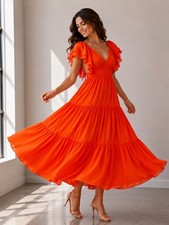 Promesa NWT Orange Open Back Tiered Maxi Dress Flutter Sleeve V Neck Small